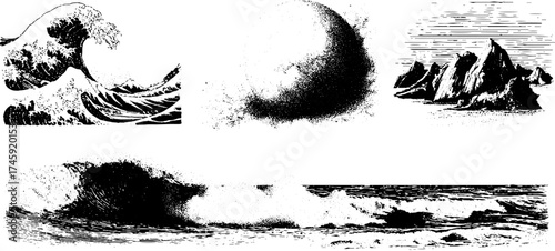 Vintage ocean waves and landscapes compilation for design projects