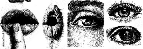 Expressive eyes and lips with finger gesture in vintage stipple design