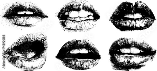 Expressive lips collection with varied emotions in vintage halftone style