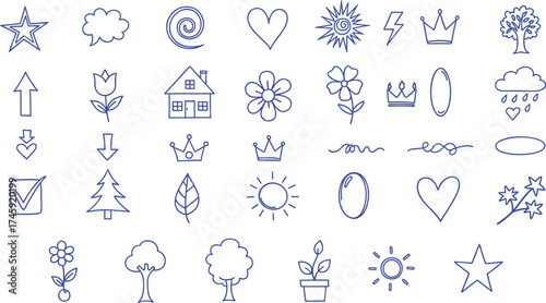 Whimsical set of hand-drawn vector icons featuring natural elements, everyday objects, and abstract shapes, perfect for creative projects, user interfaces, and engaging visual communication