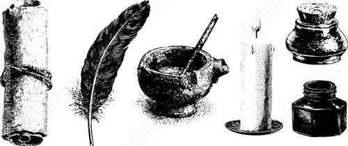 Medieval writing essentials: parchment, ink pot, quill, and candle set for authentic historical design