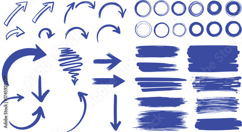 A collection of hand-drawn blue arrows, circles, and brush strokes on a white background, ideal for design projects
