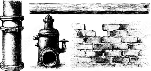 Industrial elements and building materials: metal pipe, concrete wall, wooden beam, brick texture