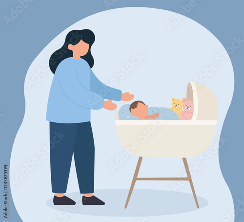 A mother watches over her sleeping baby in a bassinet. This flat vector illustration shows a peaceful and caring moment of motherhood and infancy