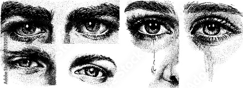 Detailed mirror and shadow faces set with intricate eye expressions for design use