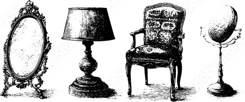 Vintage ornamental mirror, lamp, chair, and patterned globe design for classic decor