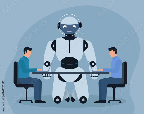 A giant robot supervises two men working on laptops, symbolizing AI's growing role in the workforce, automation, and future business collaboration