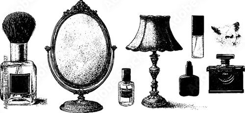 Vintage vanity table accessories with mirror and perfume bottles for elegant decor