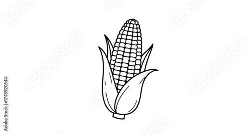 A simple black and white sketch of a single corn cob with husk