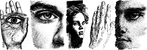 Surreal mirror reflection with hand eye and twin figures for unique design concepts