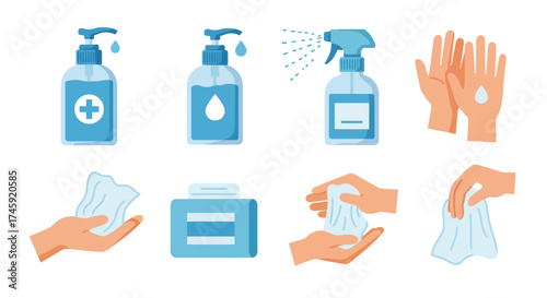 Hygiene essentials hand sanitizer spray wipes and clean hands illustration