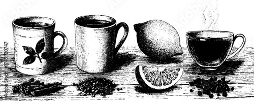 Vintage tea mug set with lemon and spices in detailed halftone for design