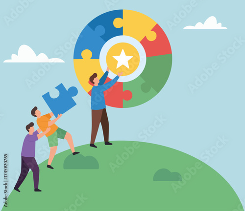 A team collaborates to solve a puzzle, building a colorful circular jigsaw together. Their teamwork and combined effort lead to achieving a common goal