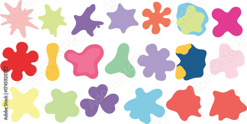 Vibrant and playful assortment of diverse abstract organic shapes and colorful artistic blobs, ideal for creative design projects and graphic backgrounds