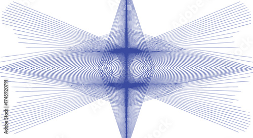 Abstract blue wireframe pyramid made of thin parallel lines creating a geometric optical illusion on a white background