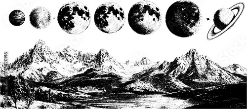 Celestial phases and mountain landscape in detailed dotwork stipple art for design