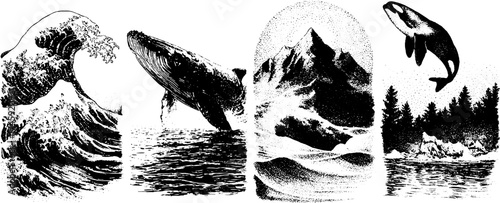 Oceanic mapping with waves, whale, mountains, and orca - detailed dotwork collection