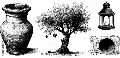 Vintage etching of olive tree, clay pot, lantern, and tiles for design projects