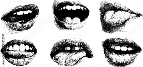 Expressive collection of open lips and tongue gestures with vintage stipple effect for creative design