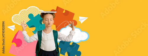 Tablou pe pânză A child stands calmly with a book balanced on her head, practicing mindfulness at school