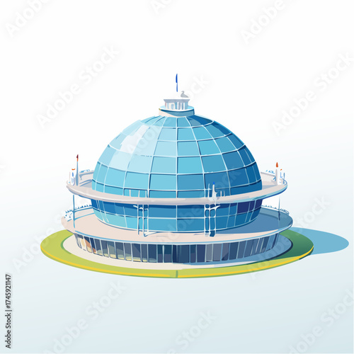 Modern Architectural Building with Blue Glass Dome Design.
