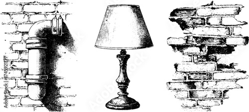 Industrial decor elements: pipe, lamp, and brick wall textures for interior design