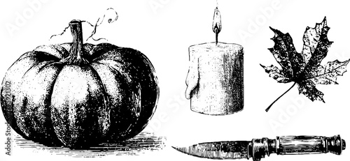 Halloween theme with pumpkin, candle, knife, and leaf for seasonal design