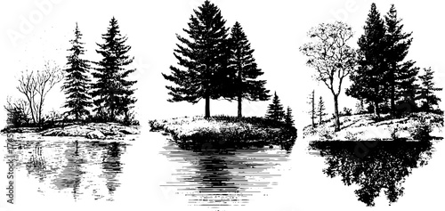Reflective island landscapes with trees and shadows for nature art designs