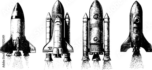 Vintage retro rockets collection: dotwork stipple design for posters and cards
