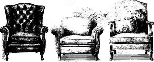 Vintage retro chair collection with pouf and armrest - classic furniture design for interior decor