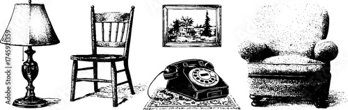 Retro interior decor set with vintage telephone, wooden chair, glass lamp, and rug design