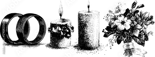 Elegant wedding elements: rings, flowers, candles, and ribbon design