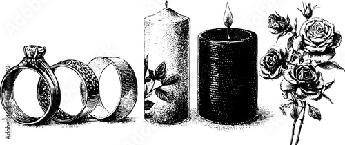 Elegant wedding elements: rings, flowers, candles, and ribbon for celebration design