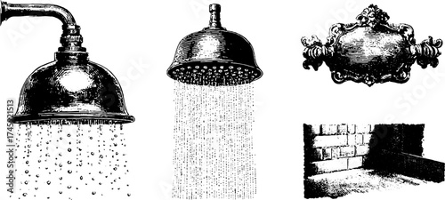 Vintage bathroom fixtures and designs: showerhead, glass wall, tile pattern, and shower tray