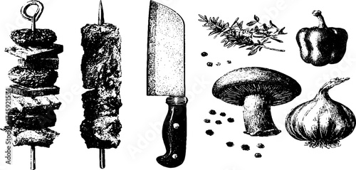 Culinary tools and ingredients: skewer, knife, pepper, and more for gourmet design