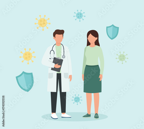 A doctor and patient discuss protection against viruses. The flat vector illustration symbolizes healthcare, medical advice, and immune system defense
