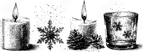 Winter holiday set: sky, snowflake, candle, window for seasonal decor