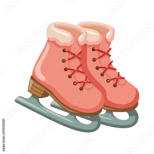 Pair of cute pink ice skates with fur trim and red laces. Hand drawn vector isolated illustration. 
