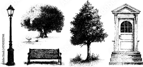 Vintage street lamp, bench, door, and window in halftone style for design and decoration