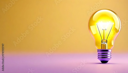 Illuminated light bulb against a vibrant yellow and purple background, symbolizing ideas.