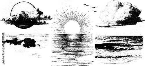 Vintage sun and sea horizon scenes with clouds and waves