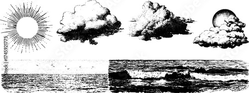 Vintage stipple ocean and sky elements with engraved sun clouds and sea waves for design