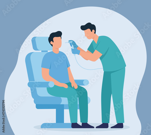 A doctor examines a patient's throat or mouth using an endoscopic camera. This flat vector illustrates a medical checkup, diagnosis, or consultation