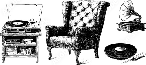 Vintage vinyl record turntable and chair set with halftone effect for design