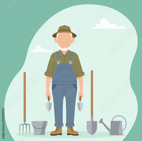 An elderly farmer in overalls stands with his gardening tools, including a shovel, pitchfork, and watering can, ready for a day of work