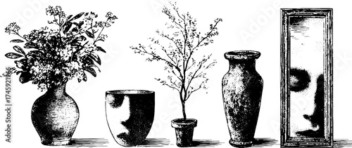 Vintage vases and mirror with branch illustration for design and decor elements