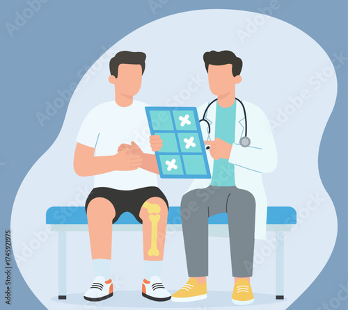 A doctor discusses an x-ray with a patient who has a leg injury. This flat vector illustration shows a medical consultation for bone health or orthopedics