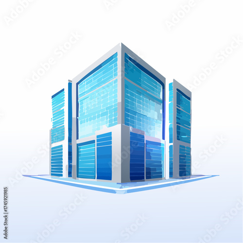 Modern Blue Glass Office Building Illustration on White Background.