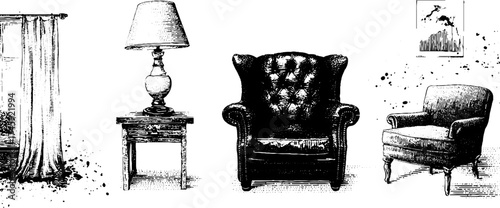 Vintage living room set with lamp, chairs, side table, and curtain for interior design