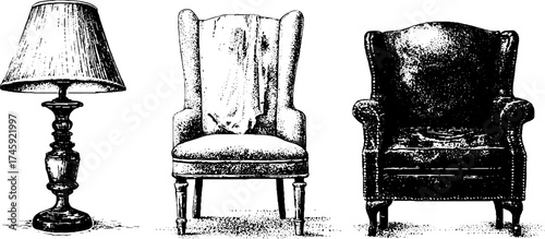 Vintage home decor collection: lamp, chair, side table with curtain design for interior styling